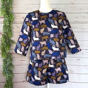 H&M Blue Kitty Cat Retro Novelty Print Cropped Boxy Cut 3/4 Sleeve Blouse Size 8